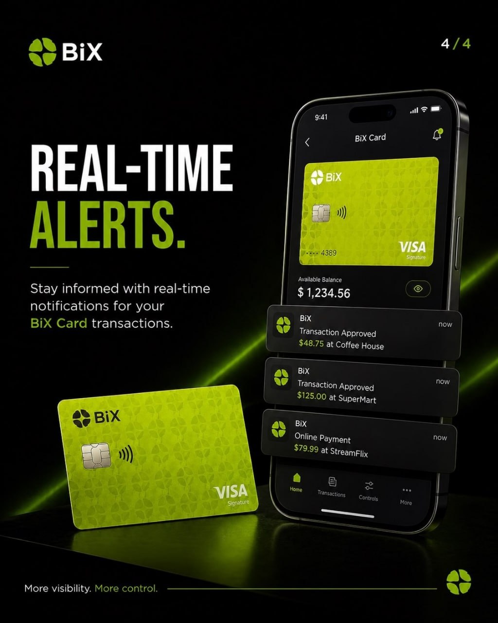 BIX card next to a phone showing real time transaction notifications