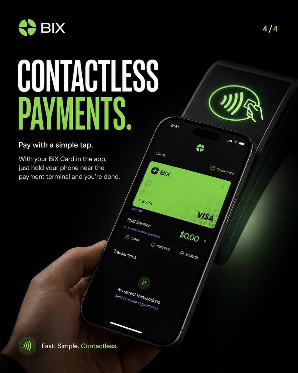A phone showing the BIX card being held to a contactless payment terminal