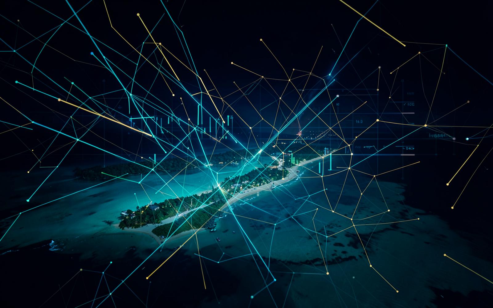 Digital network of teal and gold data lines over a Bermuda coastline